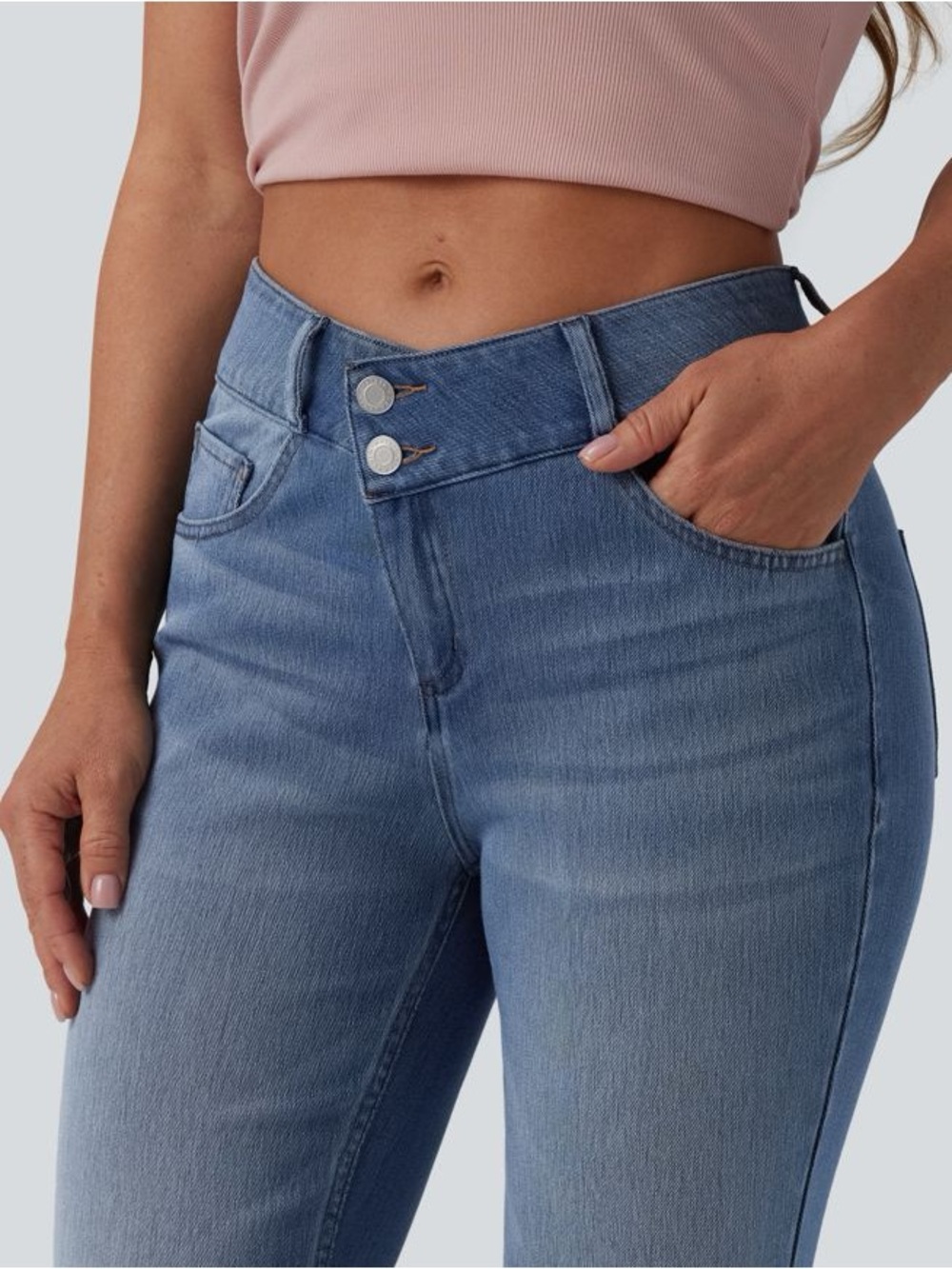Halara flex asymmetrical mid-rise casual flare jeans with pockets - Picture 4 of 5